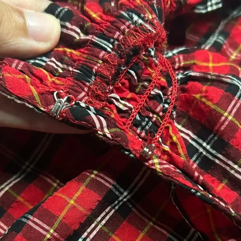 Red Black Tartan Plaid Off Shoulder Puff Sleeve Blouse M Cottagecore Prairie